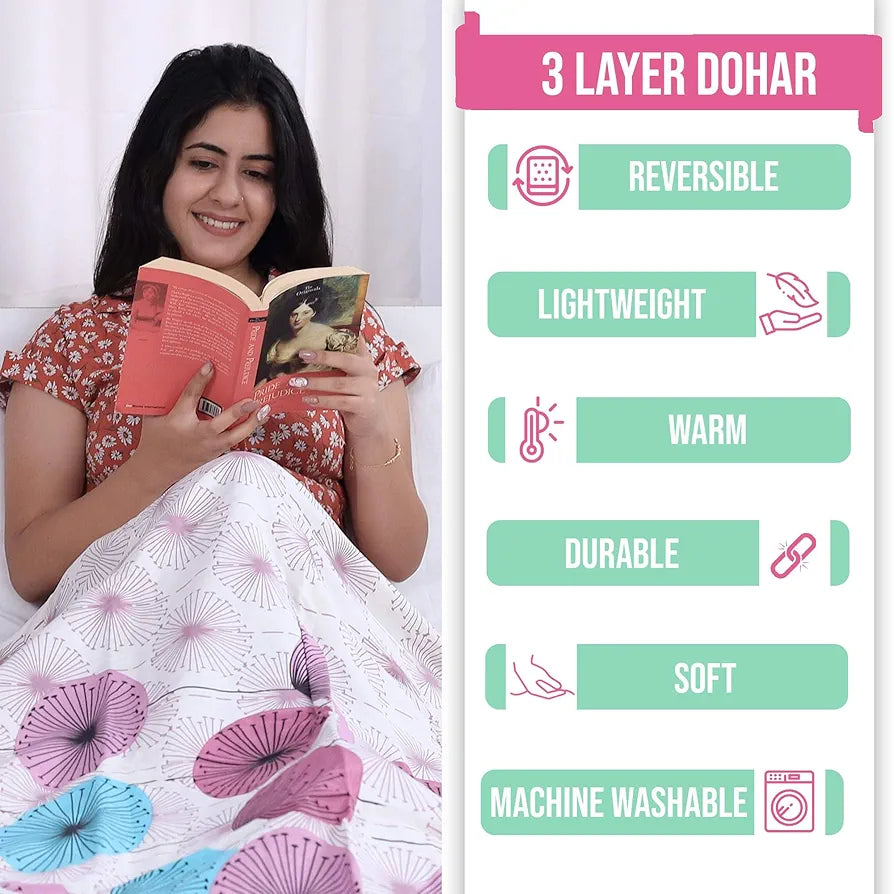 Divine Casa Glace Cotton 120 GSM Reversible Lightweight Printed Double Bed AC Dohar Winter Blanket Quilt Colour Pink and Turquoise TC - 120