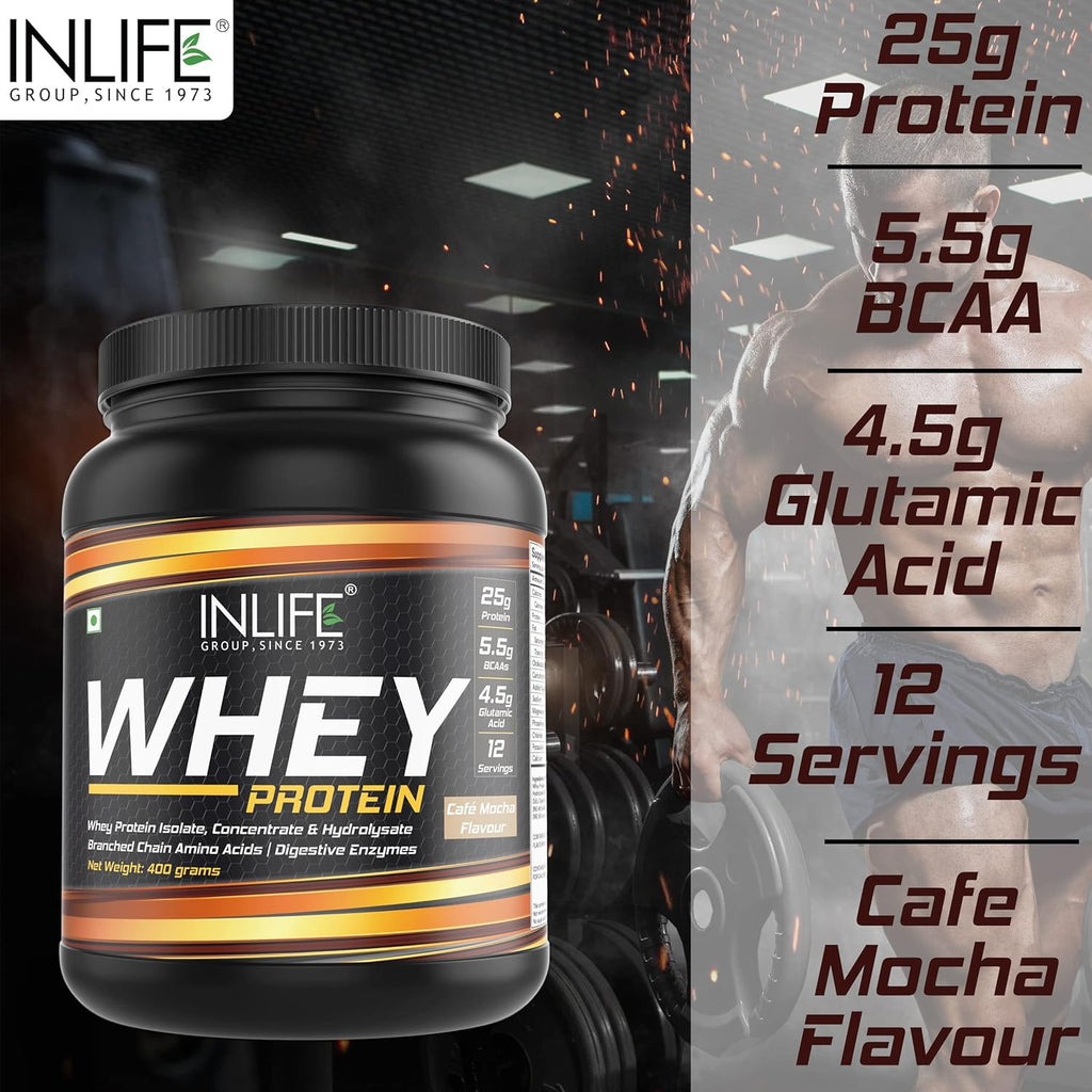 INLIFE Whey Protein Powder, Blend of Isolate Concentrate Hydrolysate Powder, Sports Nutrition Workout Drink, Muscle Food, Body Building Supplement for Men Women (Cafe Mocha, 400g)