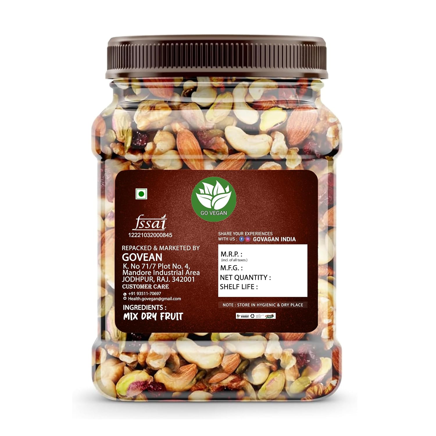 Go Vegan Healthy Nutmix 100gm, Dried Almonds, Black Raisins, Cashewnuts, Cranberries, Black Dates & Many More. (Jar Pack)