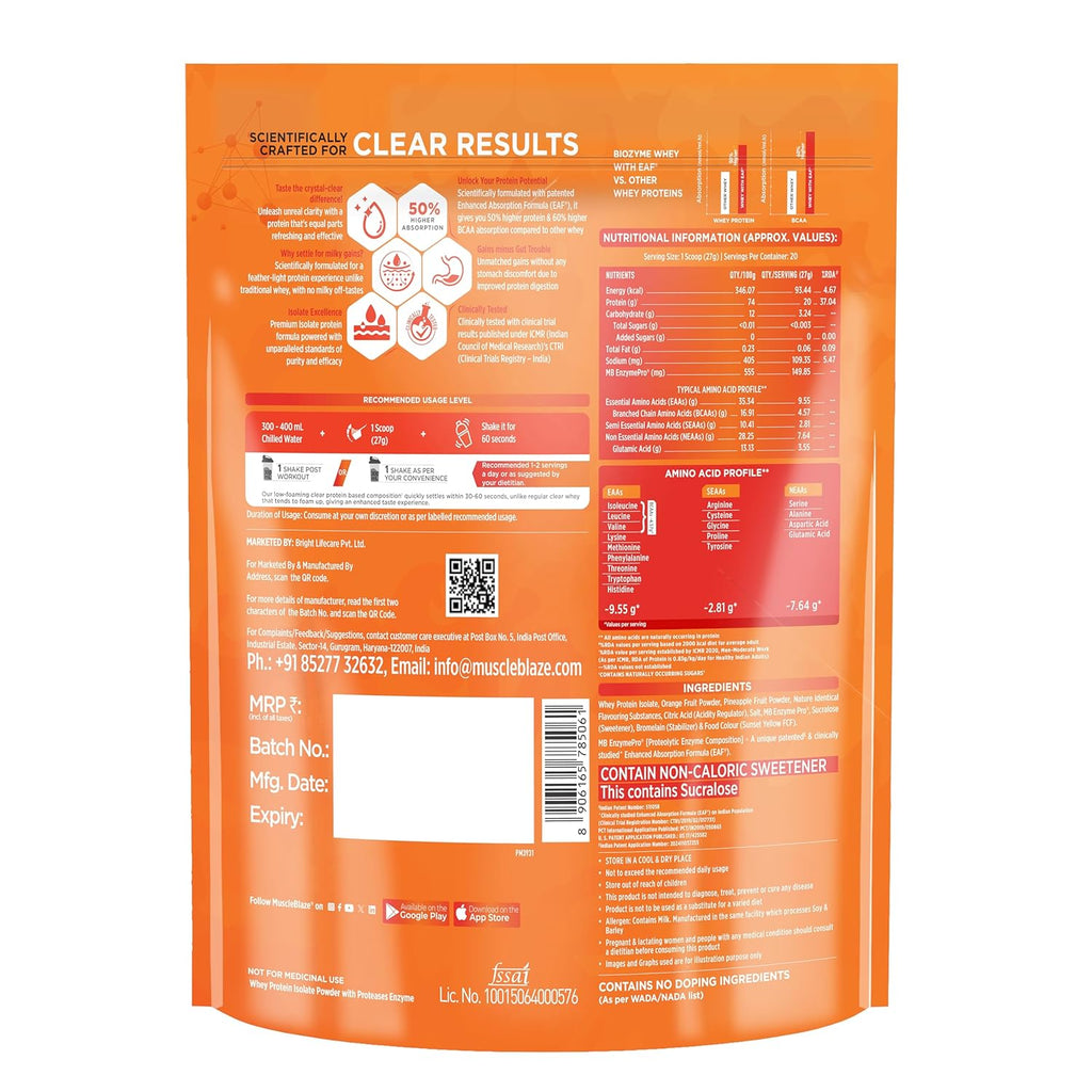 MuscleBlaze Biozyme Clear Whey Protein Isolate | 20g Protein, 92 Calories, Zero Added Sugar (Icy Orange Flavour, 20 Servings)