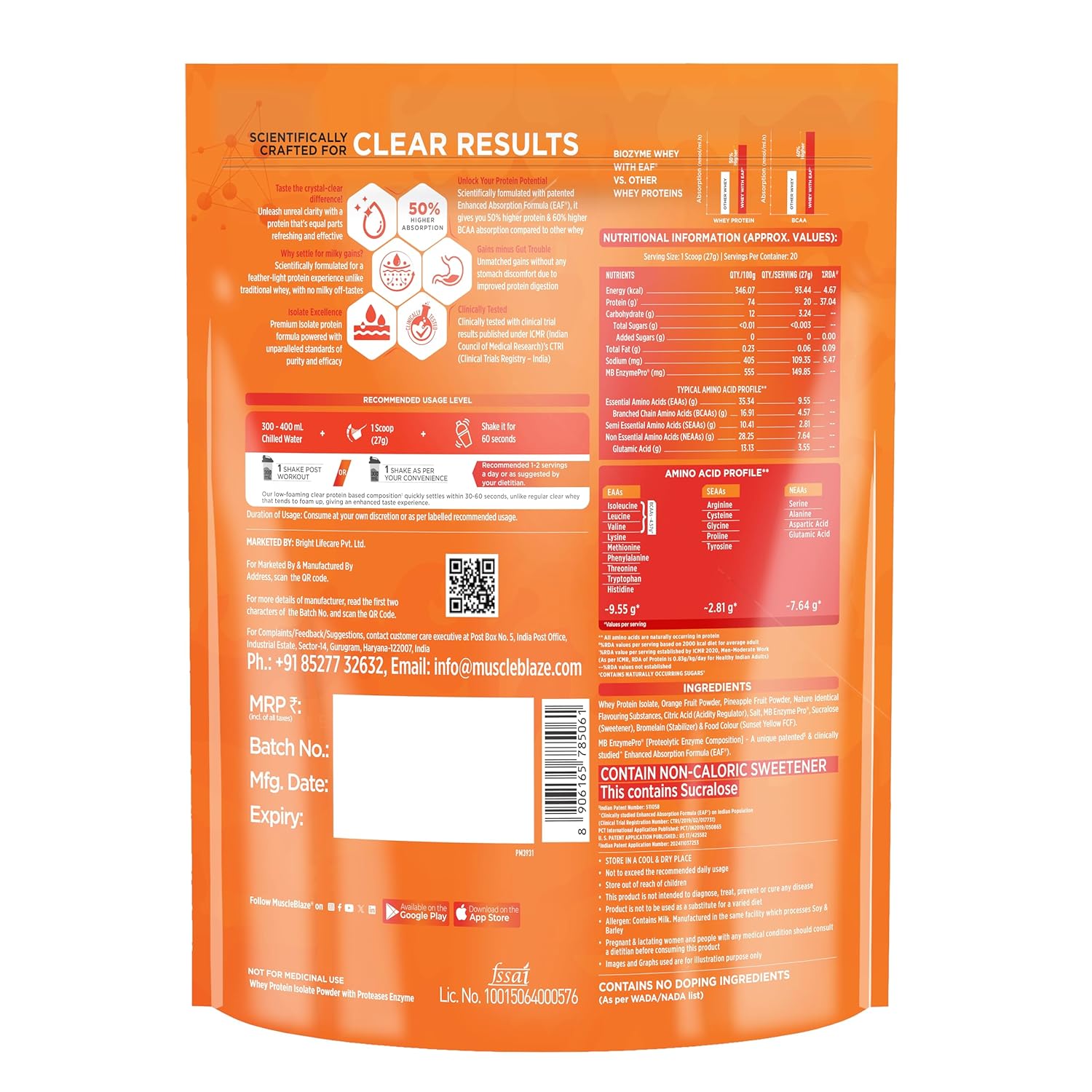 MuscleBlaze Biozyme Clear Whey Protein Isolate | 20g Protein, 92 Calories, Zero Added Sugar (Icy Orange Flavour, 20 Servings)