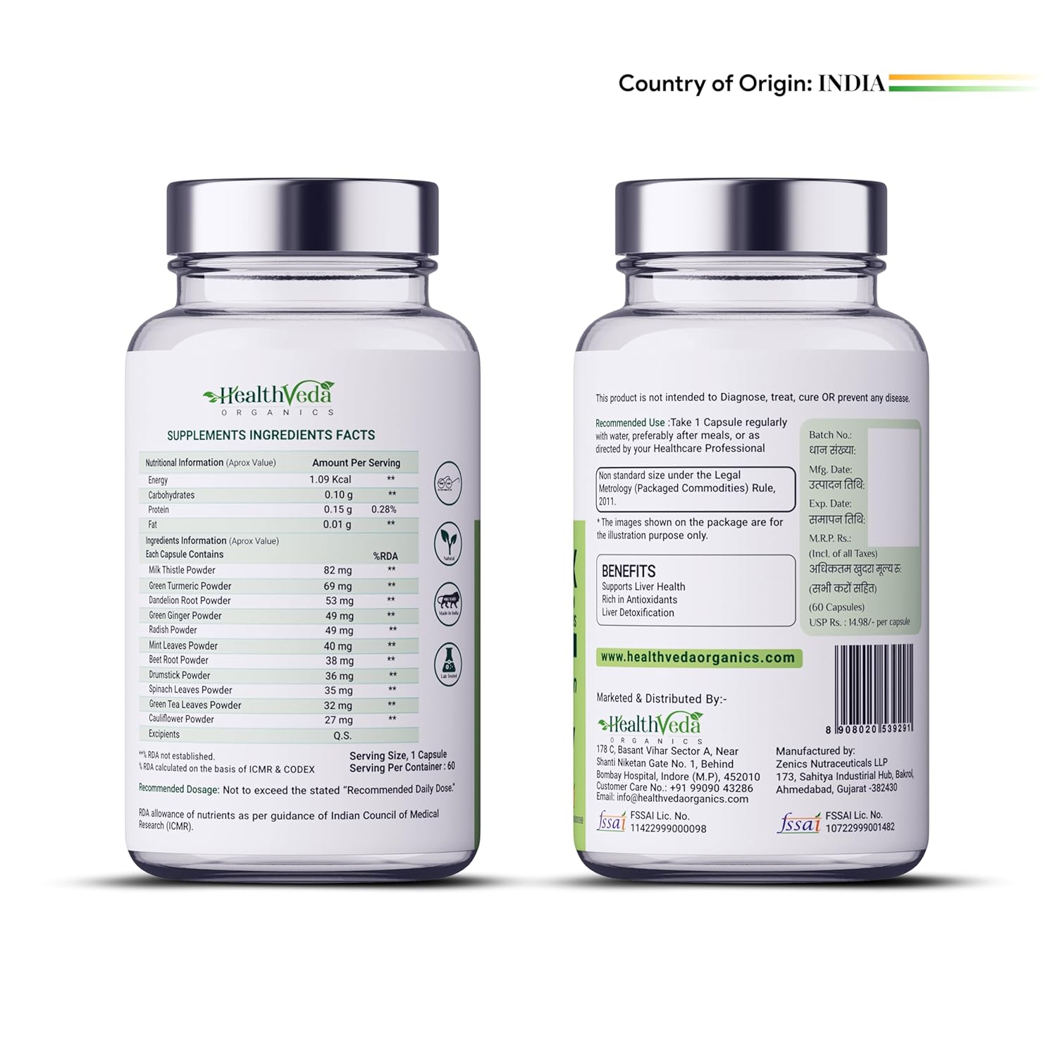 Health Veda Organics Plant Based Liver Detox with Milk Thistle, Green Turmeric, Ginger Powder | Liver Detox Supplement for Healthy Liver, Helps in Cleanse Liver Natural Fatty Liver Support - 60 Vegetarian Capsules