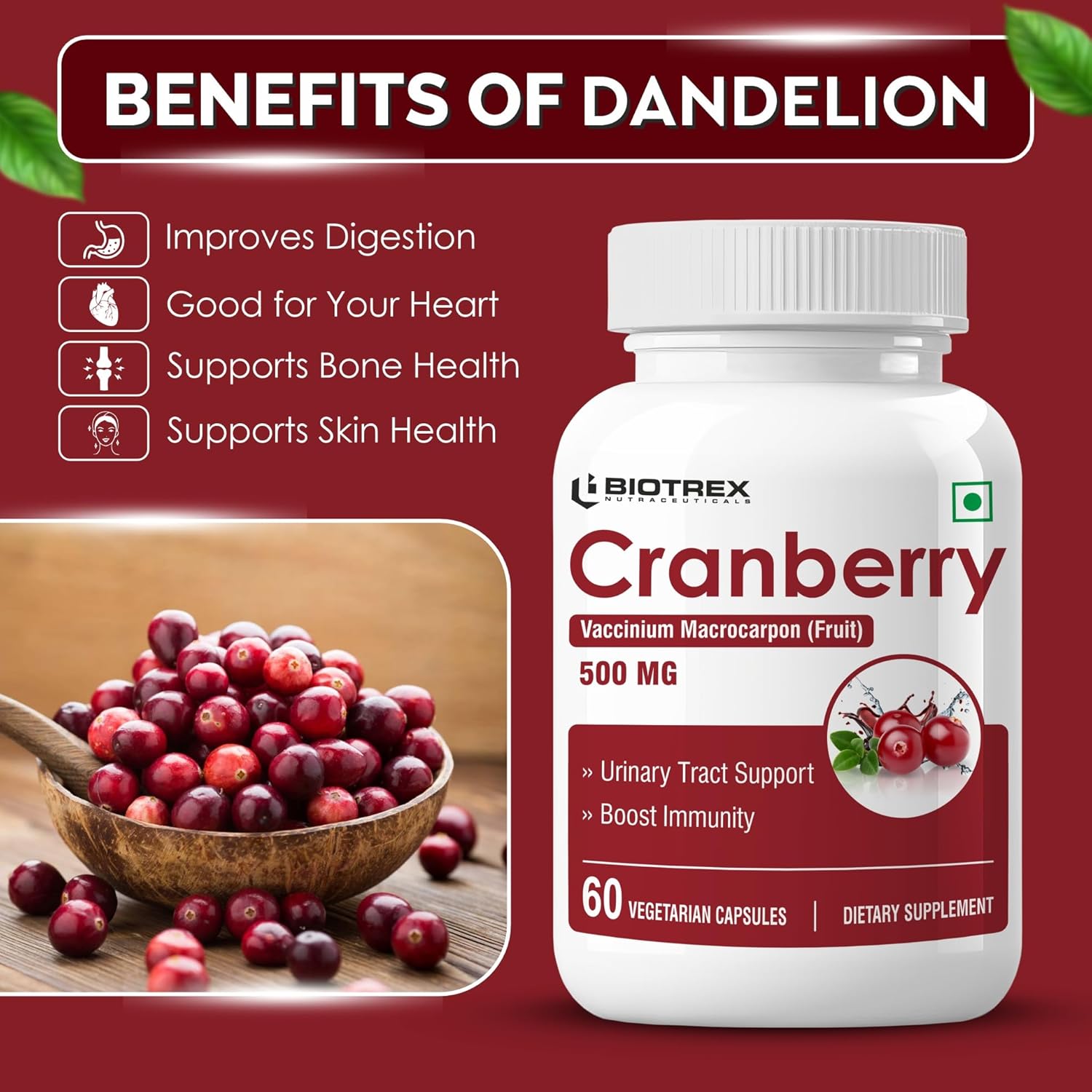 Biotrex Nutraceuticals Cranberry 500mg - for Urinary Tract Health, UTI Health Supplement | 60 Capsules