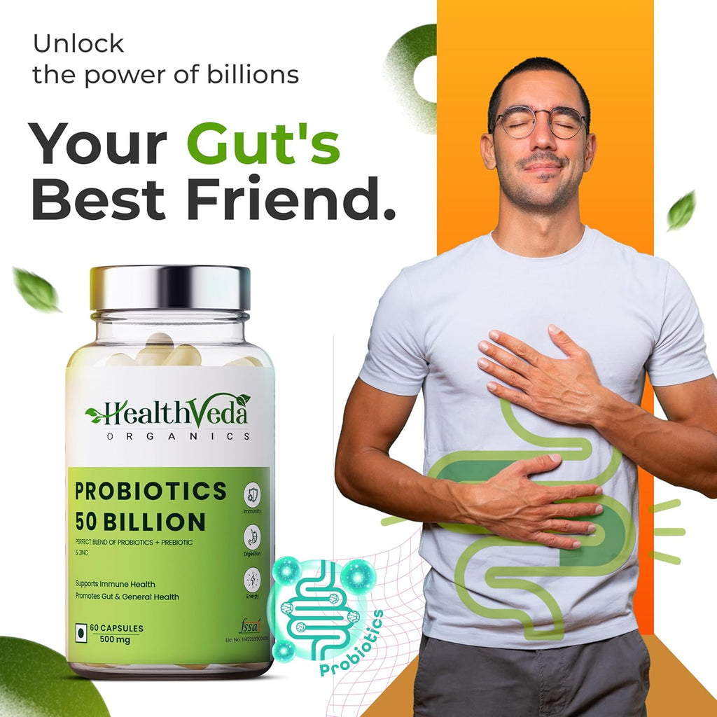 HEALTH VEDA ORGANICS PRIVATE LIMITED Probiotics 50 Billion Cfu Multi-Strains With Prebiotic | Good Digestive, Gut Health, Diarrhea, Gas & Bloating Support | Men And Women - 60 Vegetarian Capsules