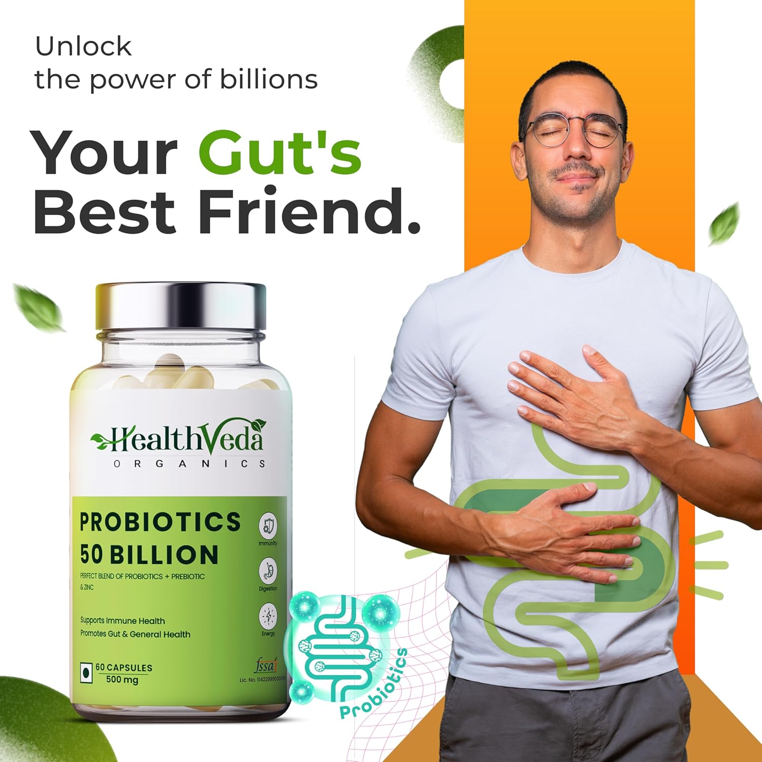 HEALTH VEDA ORGANICS PRIVATE LIMITED Probiotics 50 Billion Cfu Multi-Strains With Prebiotic | Good Digestive, Gut Health, Diarrhea, Gas & Bloating Support | Men And Women - 60 Vegetarian Capsules