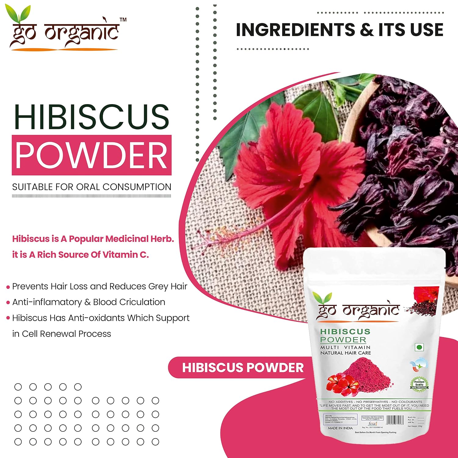 Go Organic 100% Organic Hibiscus Powder, Export Quality, Pink, 150g, for Skin Radiance Enhancement,Hair Re-Growth Stimulation,Premature Greying Protection