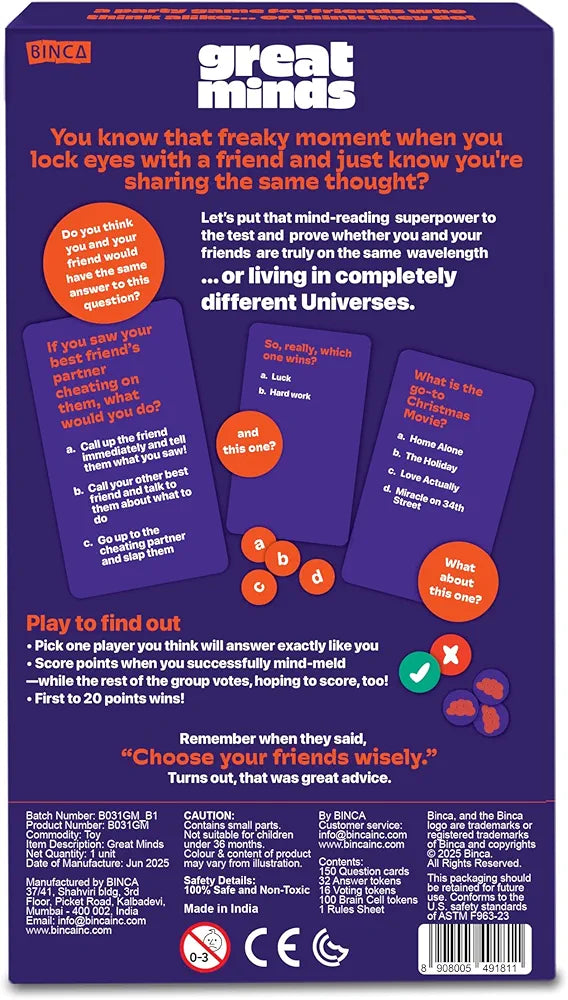 Binca Card Game - Great Minds, Hilarious Mind-Matching Party Game for Teens, Adults & Families, Perfect for Parties, Gamenights, Trips & Get-Togethers, Gifts for Game Lovers, 4-8 Players