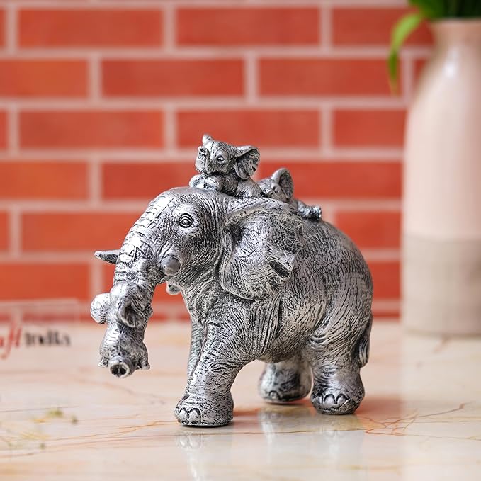 Ecraftindia Cute Silver Elephant Statue Carries Three Calves on Its Back and Trunk | Good Luck Home Decor Showpiece