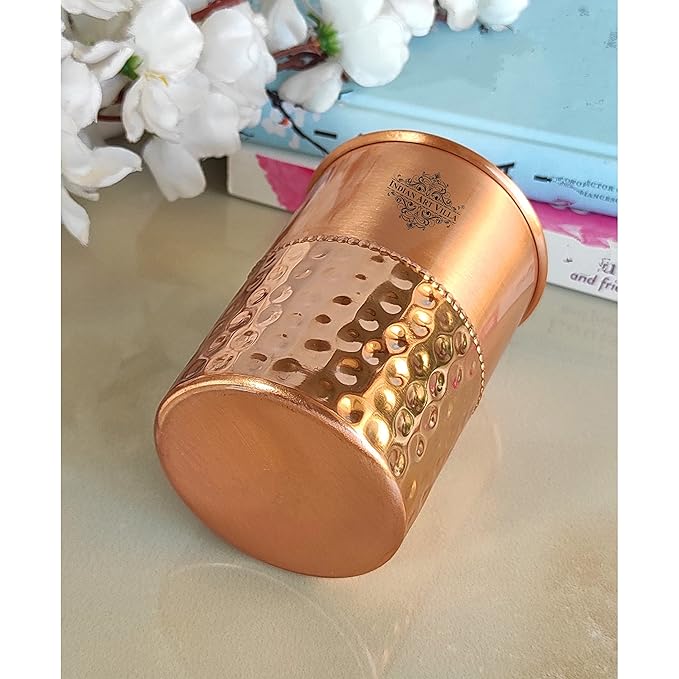 Indian Art Villa Pure Copper Glass With Half Lacquer Hammer Design Tumbler Cup (Pack of 4)