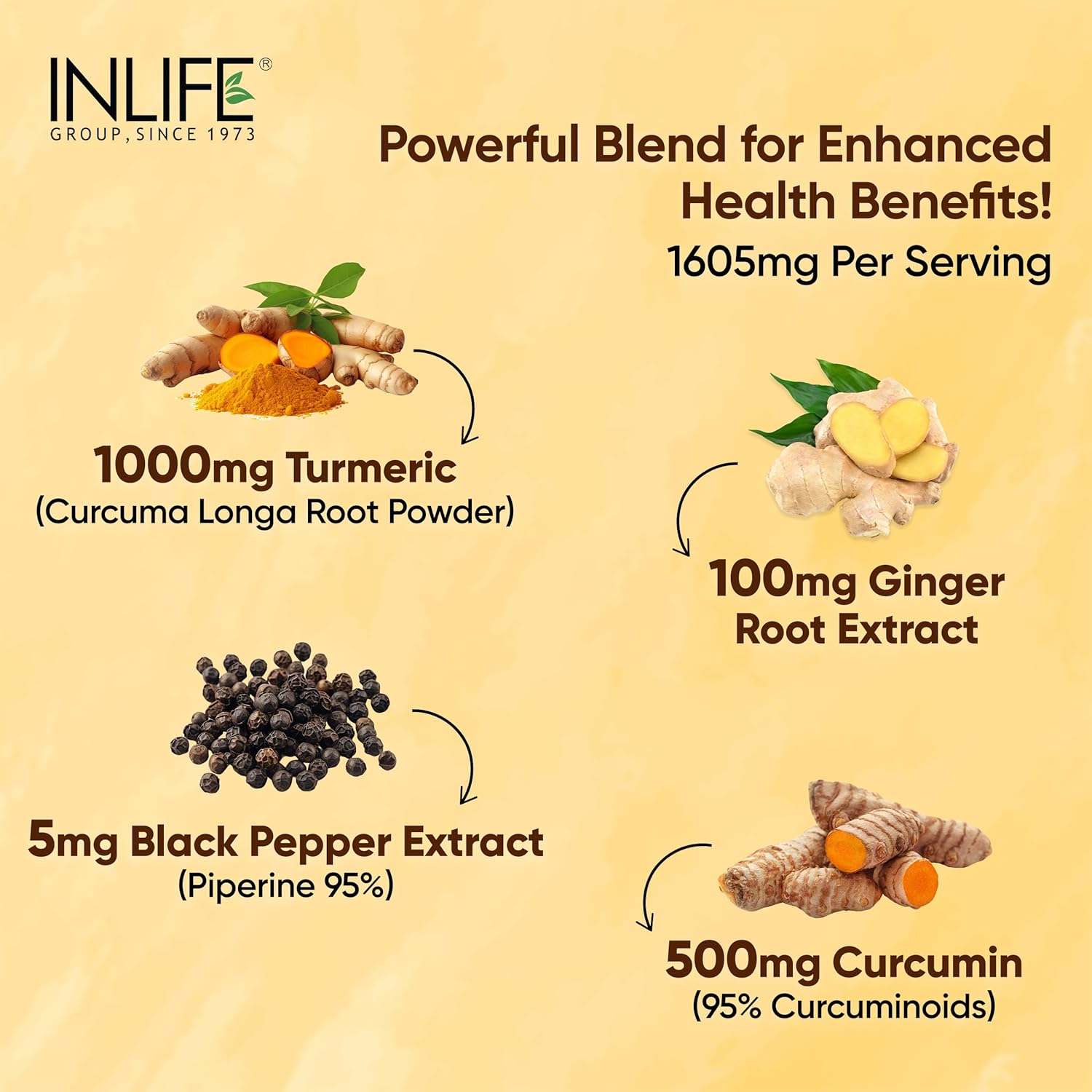 INLIFE Curcumin Tablets with Piperine | 95% Curcuminoids with Curcuma Longa Root Powder | Antioxidant & Anti-inflammatory | Turmeric & Ginger Extract, 1605mg - 60 Tablets (Pack of 1)