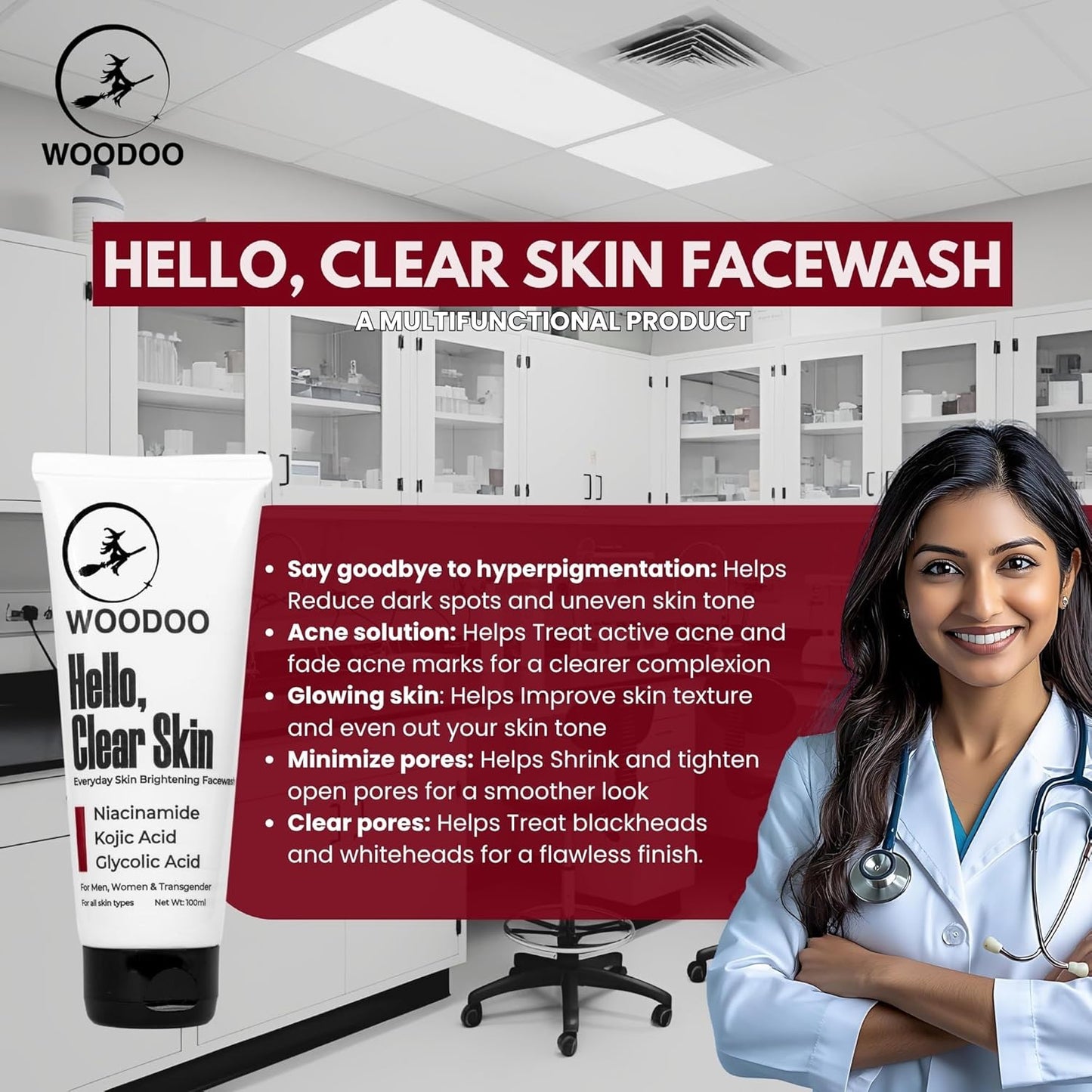 Woodoo's Hello Clear Skin Facewash Clears And Minimizes Pores - 100 ml