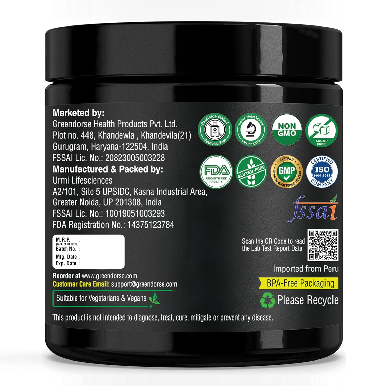 GREENDORSE Peruvian Black Maca Root Powder Concentrate | Rich in Macamide & Macaenes, 3rd Party Lab Tested | Stamina & Reproductive Health Support, Performance,Vitality- High Potency-50g