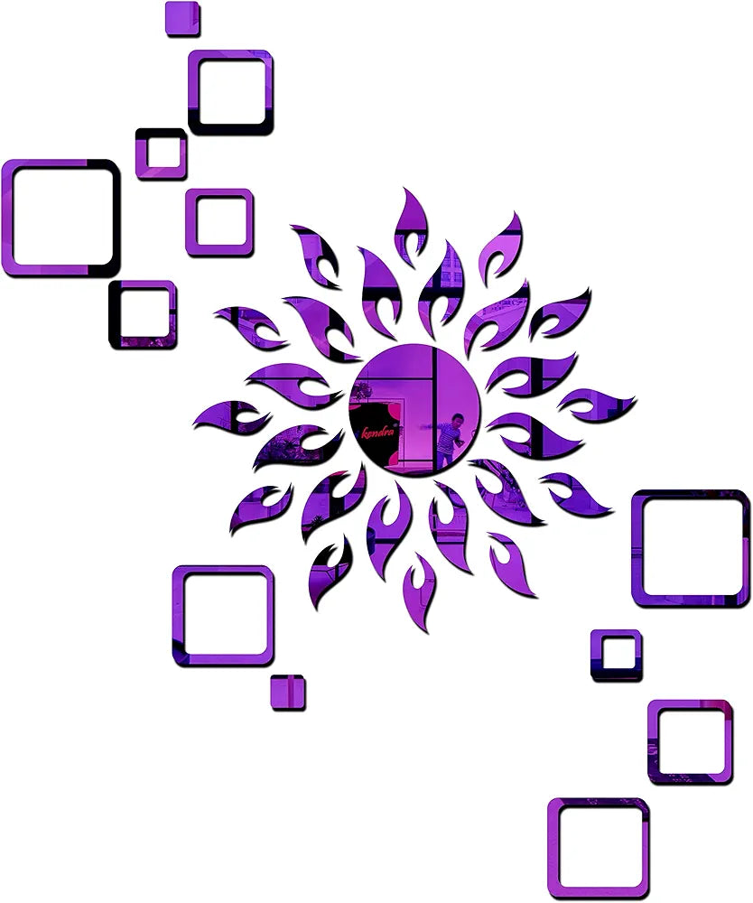 Bikri Kendra Art BK113, Sun Purple with Square Purple 2 Set 3D Acrylic Mirror Stickers for Wall