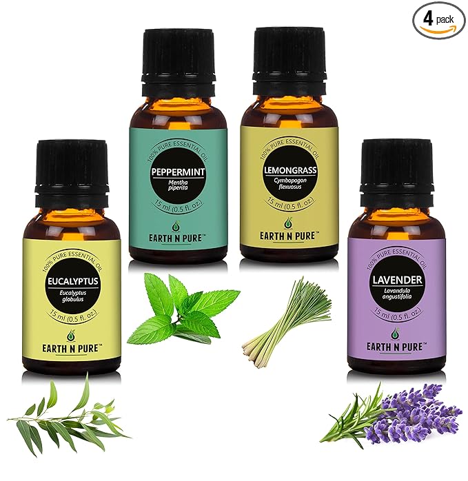 Earth N Pure Lavender, Lemongrass, Peppermint & Eucalyptus Essential Oils Combo (15 ml each)