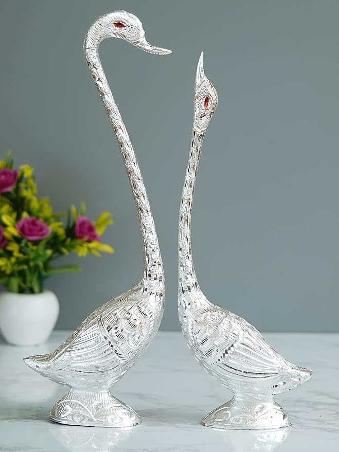 Ecraftindia Silver Metal Handcrafted Swan Couple Statues Love Birds Figurines Decorative Showpieces