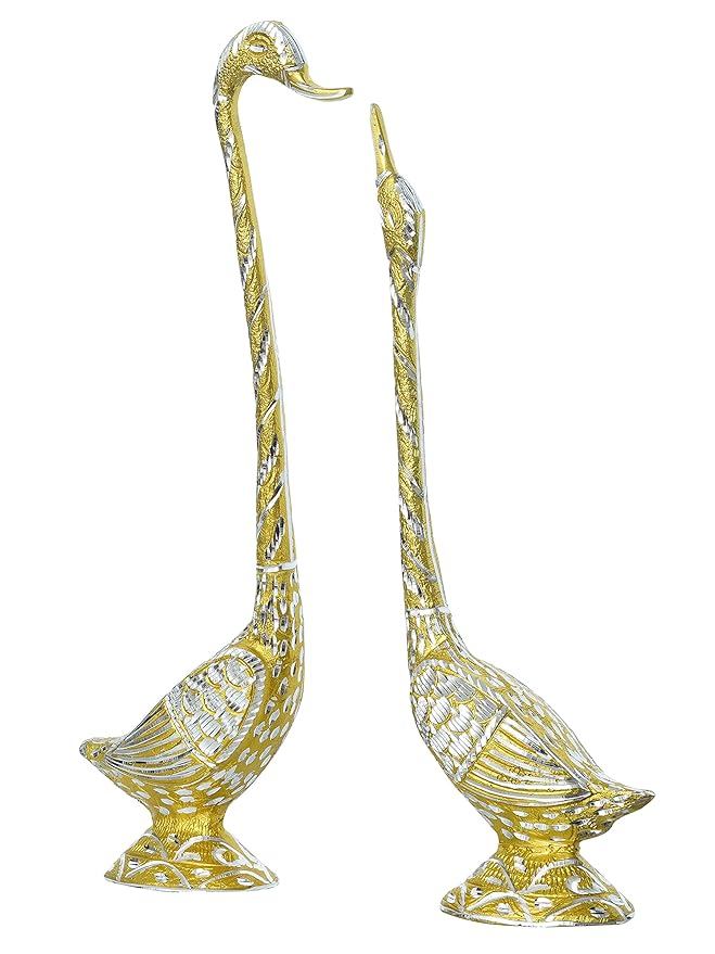 Ecraftindia Golden Metal Handcrafted Kissing Swan Couple Statues Love Birds Showpieces | Elegant Home Decor for Living Room
