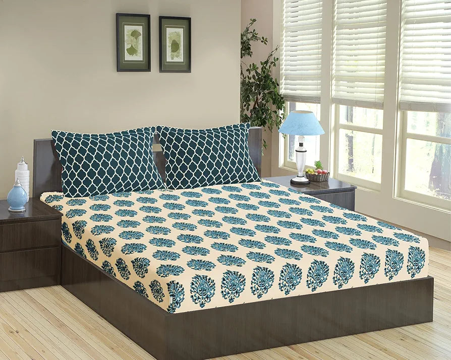 Trance Home Linen 200TC 100% Cotton 78"x72" Standard King Size Elastic Fitted Bedsheet Printed King Bed Size with 2 Pillow Covers Damask & Dori Colour Blue