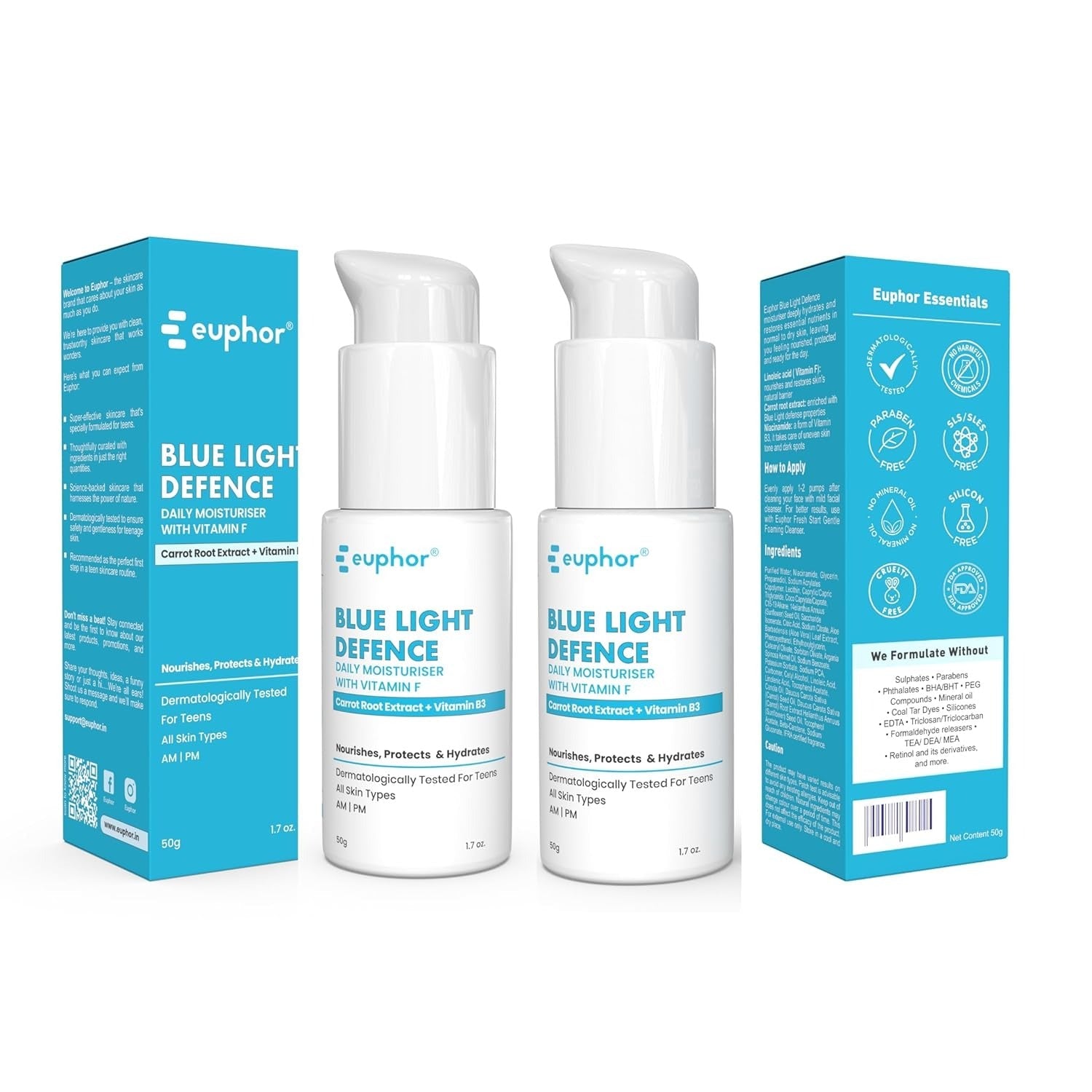 Euphor Teens Daily Light-weight Moisturiser- Blue Light Defence - 50 gms (Pack of 2)