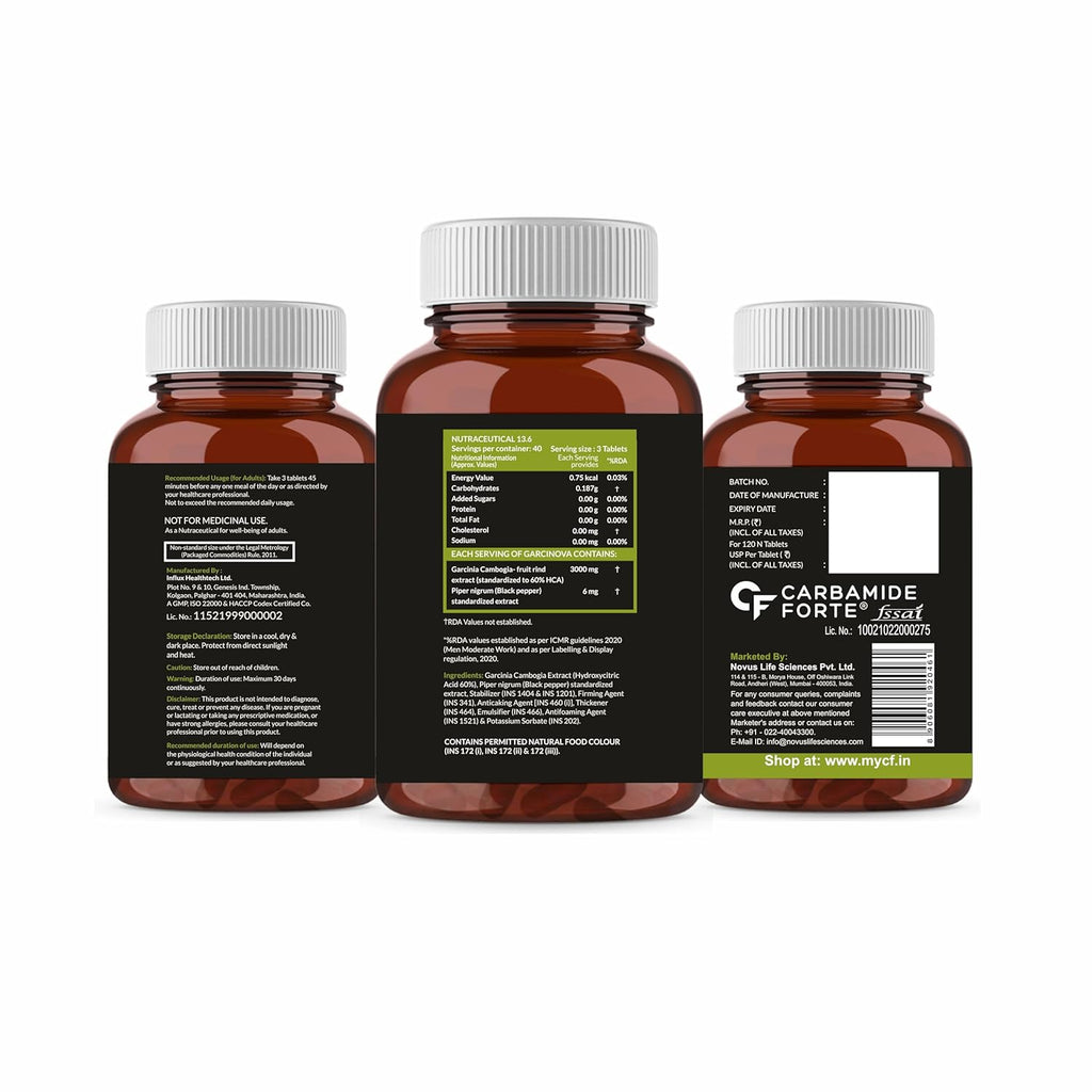 Carbamide Forte Garcinia Cambogia 3000mg 60% HCA & 6mg Piperine Per Serving | Weight Loss Supplement- 120 Veg Tablets