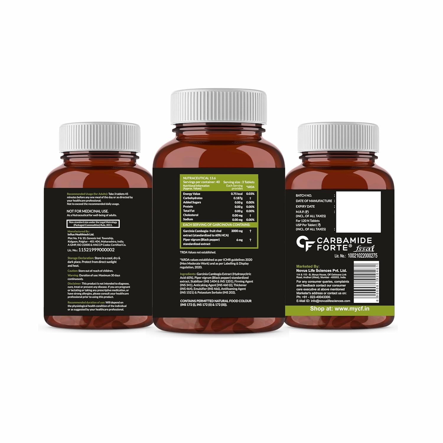 Carbamide Forte Garcinia Cambogia 3000mg 60% HCA & 6mg Piperine Per Serving | Weight Loss Supplement- 120 Veg Tablets