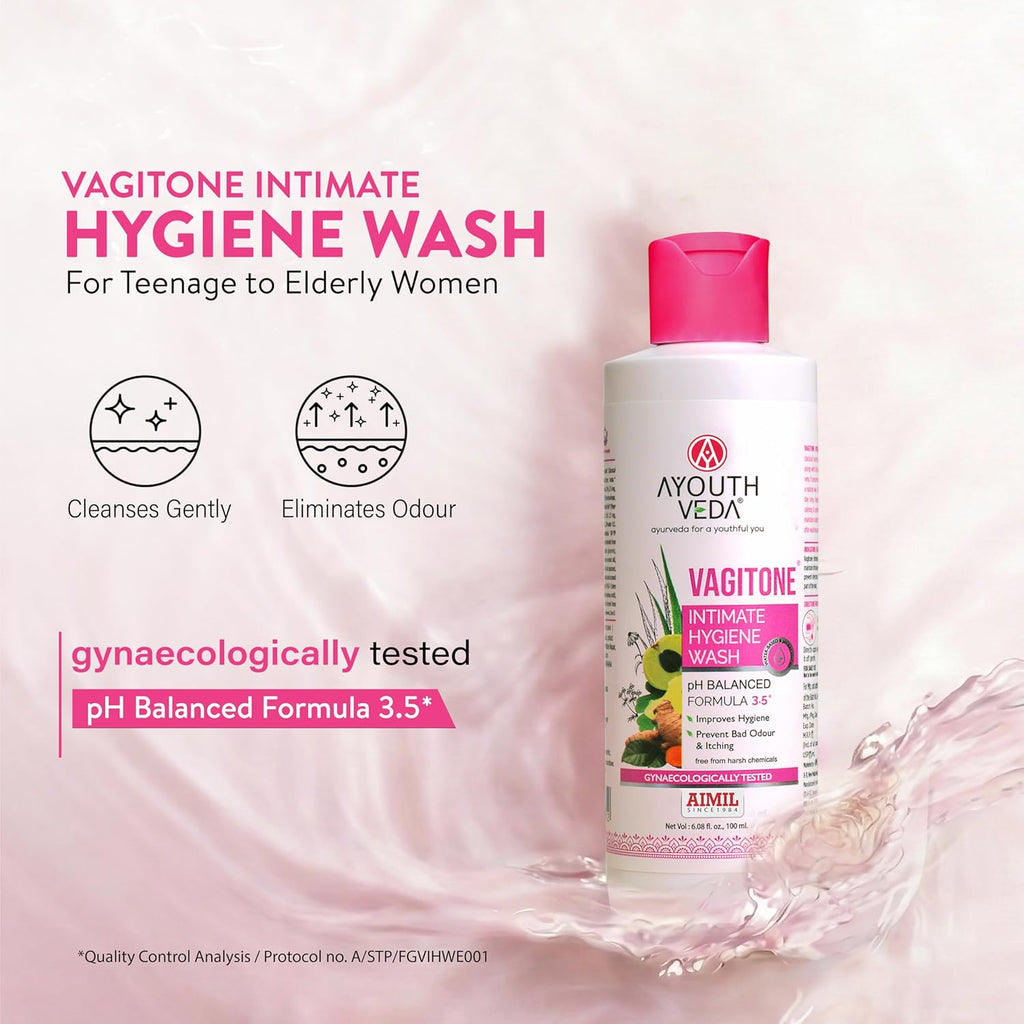 Ayouthveda Vagitone Intimate Hygiene Wash | Enriched With Aloe Vera, Amla & Green Tea | PH Balancing Formula, Prevents Dryness, Itchiness & Bad Odor | For Women (Pack Of 1-100ml)