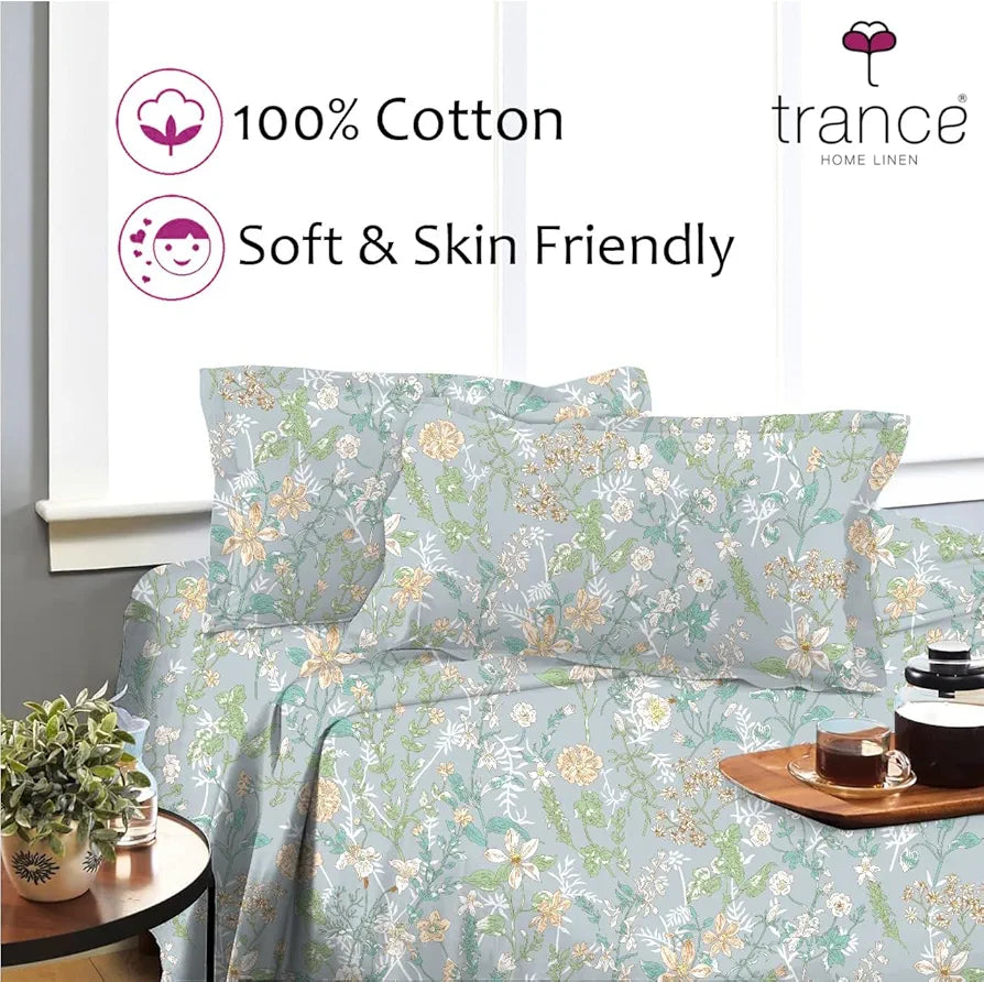 Trance Home Linen Premium 100% Cotton Printed Fitted Bedsheet for Single Bed with 1 Pillow Cover 180TC Colour Wild Flowers