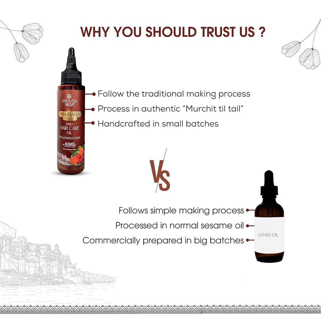 Ayouthveda Mandara Taila Daily Hair Care Oil for Lustrous Look | With the Benefits of Fenugreek Seeds and Sesame Oil | For Shinky & Healthy Hair |Daily Nourisher of Hair (Pack Of 1-100ml)