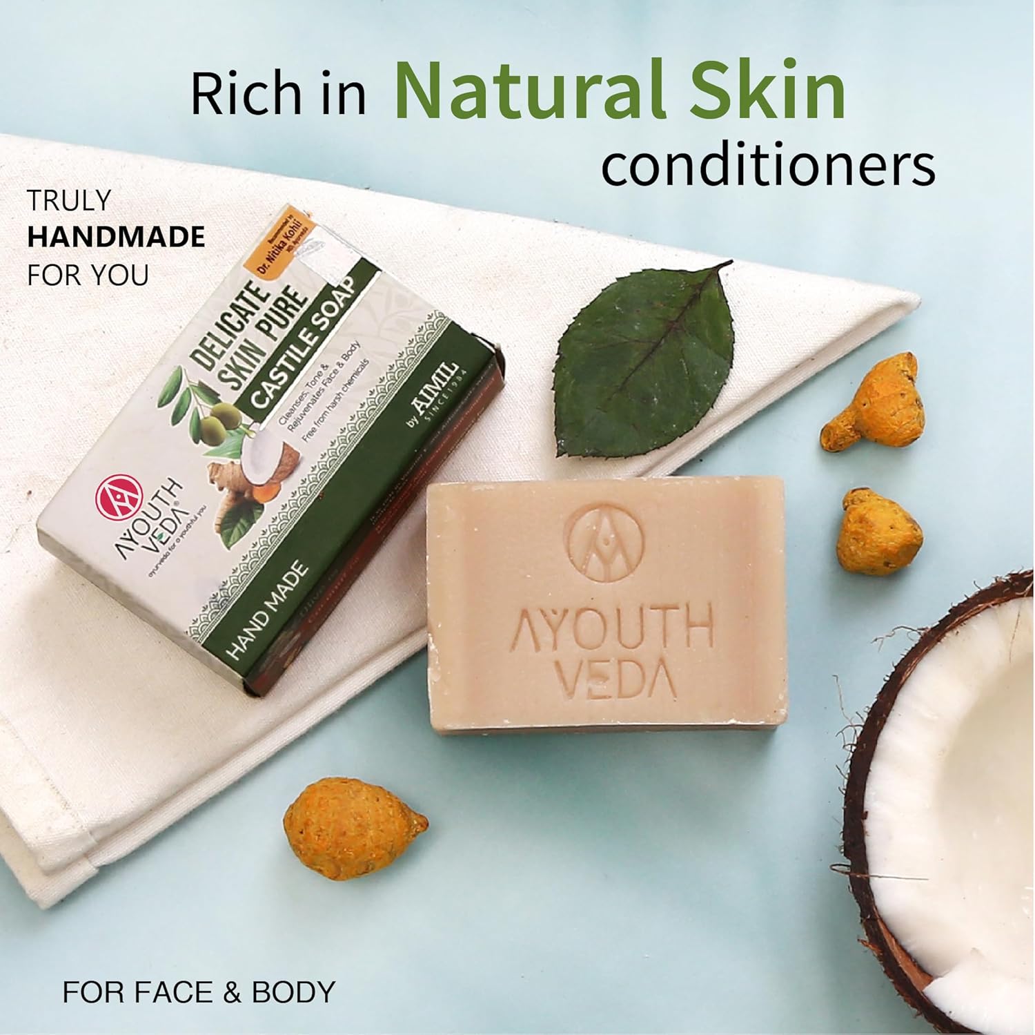 Ayouthveda Delicate Skin Pure Castile Soap | With the Goodness of Tulsi, Neem, Coconut & Olive Oil | Cleanse, Tones & Rejuvenates Skin | Handmade Soap Without Harsh Chemical (Pack Of 1-100Gm)