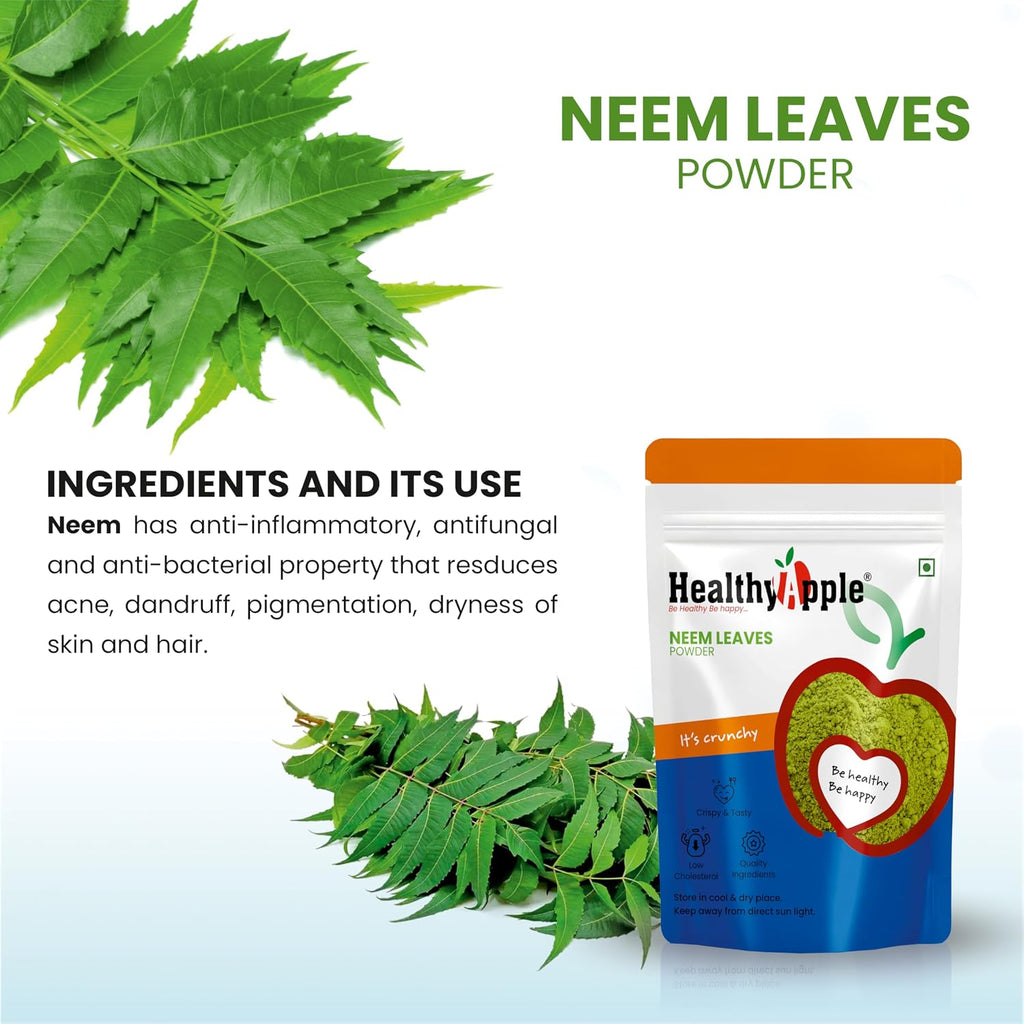 Healthy Apple Pure Neem Leaves Powder (100g) - 100% Natural Ayurvedic Herbal Supplement for Acne Control, Glowing Skin, Anti-Dandruff Hair Masks & Scalp Nourishment - Multipurpose Face Pack