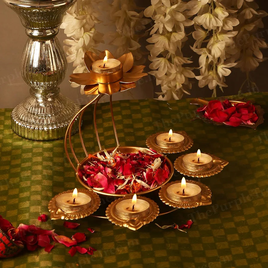 The Purple Tree Beautiful Floral Diya Urli Bowl for Floating Flowers and Tea Light Candles Gold Half Diya Flower