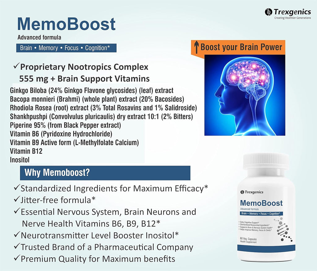 Trexgenics Nootropic Memoboost Max High Strength Advanced Natural Herbs & Vitamin Complex 60 Veg. Capsules(1)