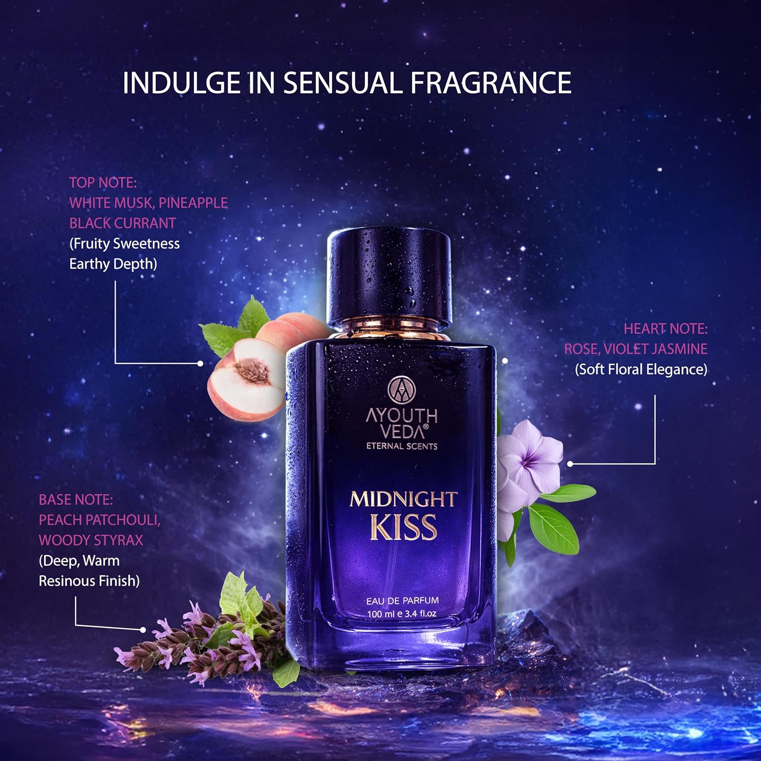 Ayouthveda Midnight Kiss Eau De Parfum for Women | Long Lasting Luxury Perfume | White Musk, Peach, Patchouli & Jasmine Notes | Elegant Evening Fragrance Spray | 100ml
