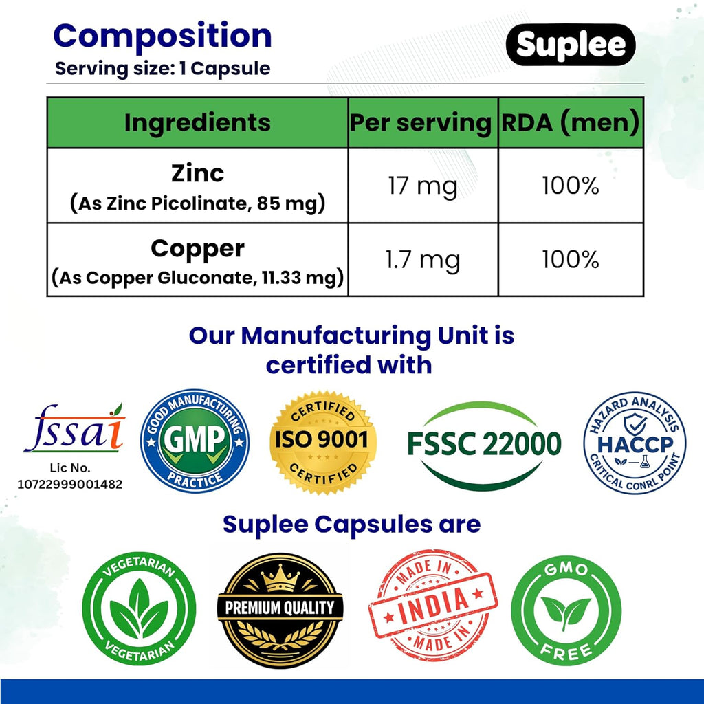 Suplee Zinc Picolinate with Copper Gluconate | High Absorption Zinc Supplement | Immunity, Skin Health & Muscle Support | 90 Veg Capsules