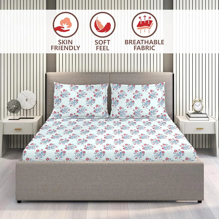 Layers Marigold Cotton Bedsheet Set for All Seasons Lightweight 144 TC King Size Blue Printed