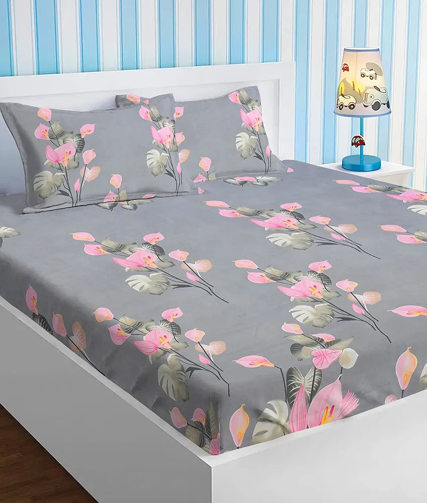 Homekart Premium Cotton Elastic Fitted Bedsheets with 2 King Size Pillow Covers Double Bed Flower Print Pink and Grey 200 tc 220 tc Pink & Grey
