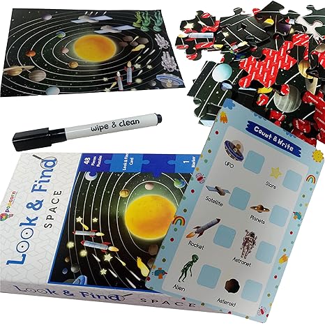 Popcorn Games & Puzzles Look and Find Space 48 Piece Puzzle with 1 Marker for 5 to 8 Years Old Children