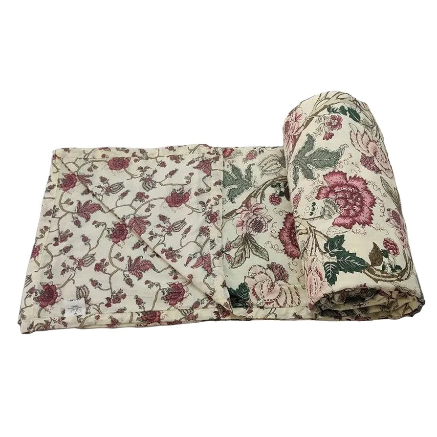Trance Home Linen 100% Cotton Reversible Dohar Single Bed Size Jaipuri Printed Artisan Block Design Blanket 56"X88" Colour Malhaar Red