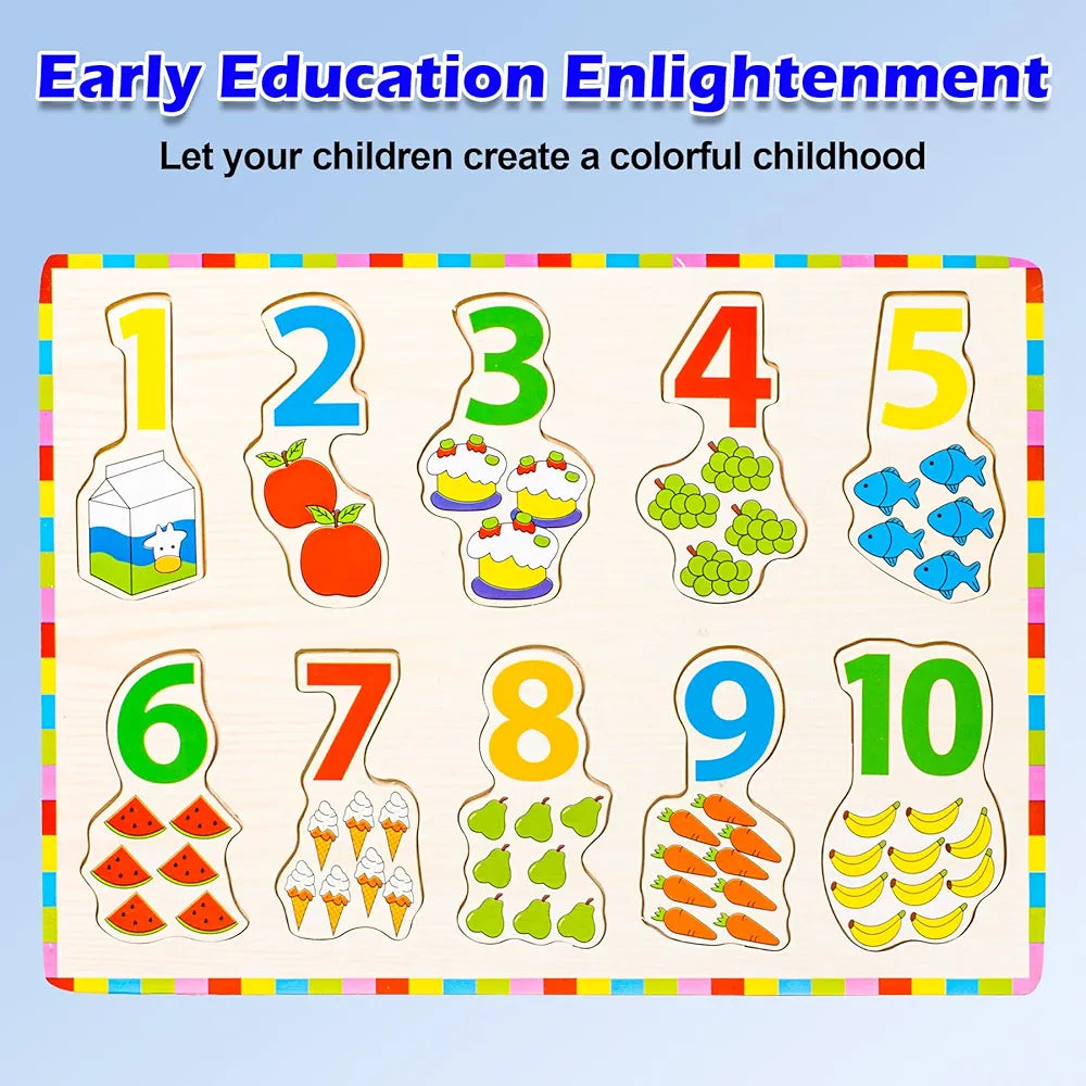 Wishkey Number Board Puzzle Toy with Illustrations, Montessori for Pre-Schooler Kids, Wooden Educational Puzzles