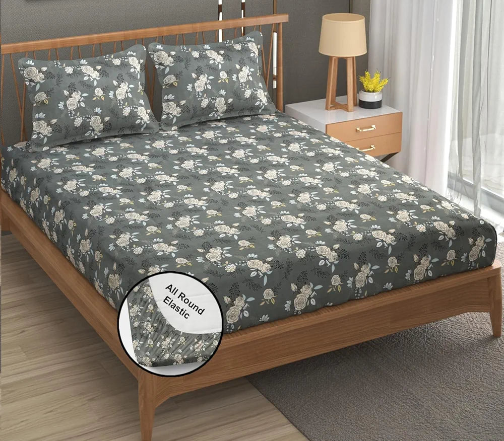 Fresh From Loom King Size Microfiber Fitted Bedsheet Set with Floral Print 240 TC Anti Fade 2 Pillow Covers Rose Oslo Grey