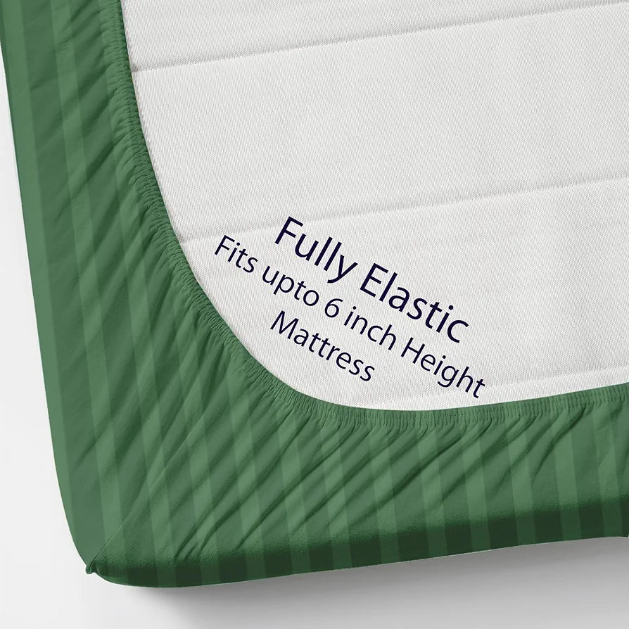 Homefab India 160 TC Stripe Cotton Feel Glace Cotton Elastic Fitted King Size Double Bed Bedsheet with 2 Pillow Covers Fits Upto 6 inches Mattress Dark Green