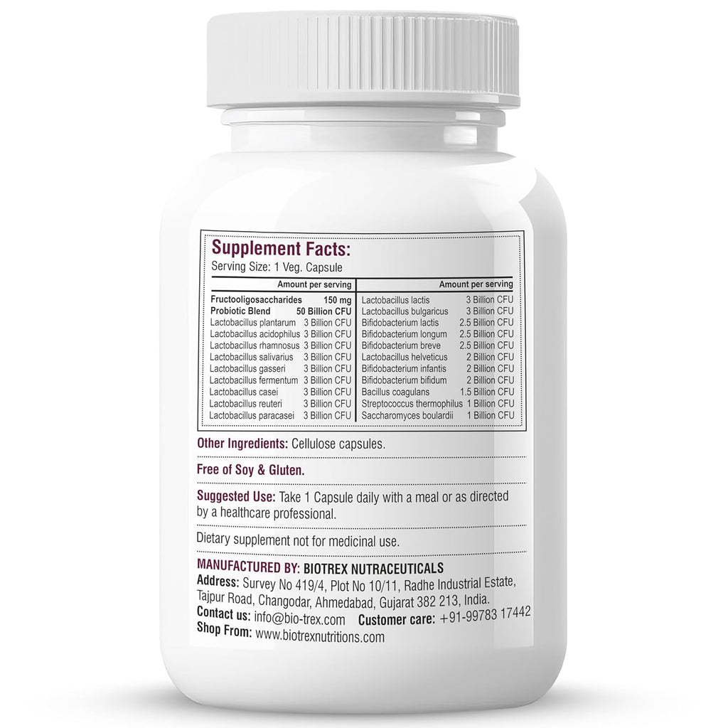 Biotrex Nutraceuticals Probiotics 50 Billion With 150mg Prebiotics Supplement For Gut Health - 60 Capsules