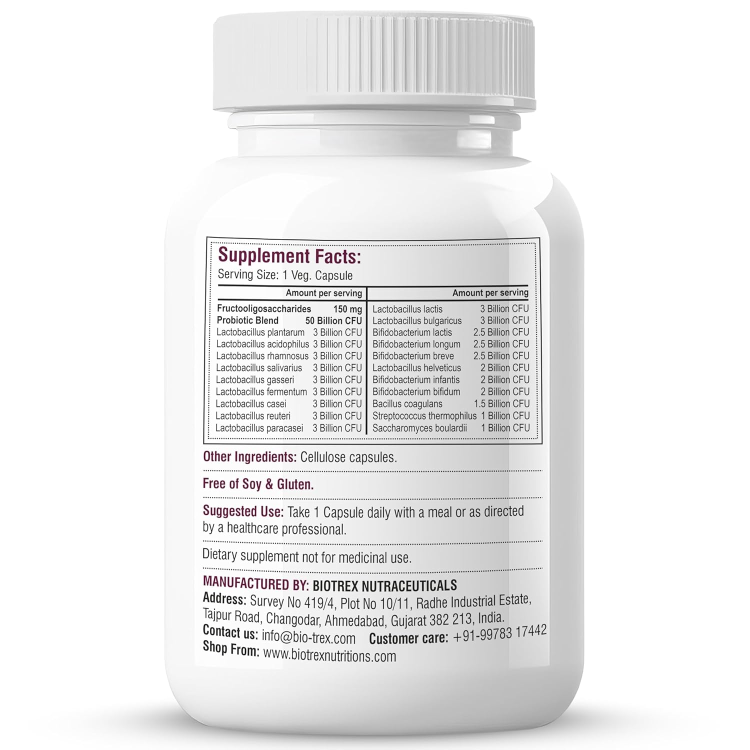 Biotrex Nutraceuticals Probiotics 50 Billion With 150mg Prebiotics Supplement For Gut Health - 60 Capsules