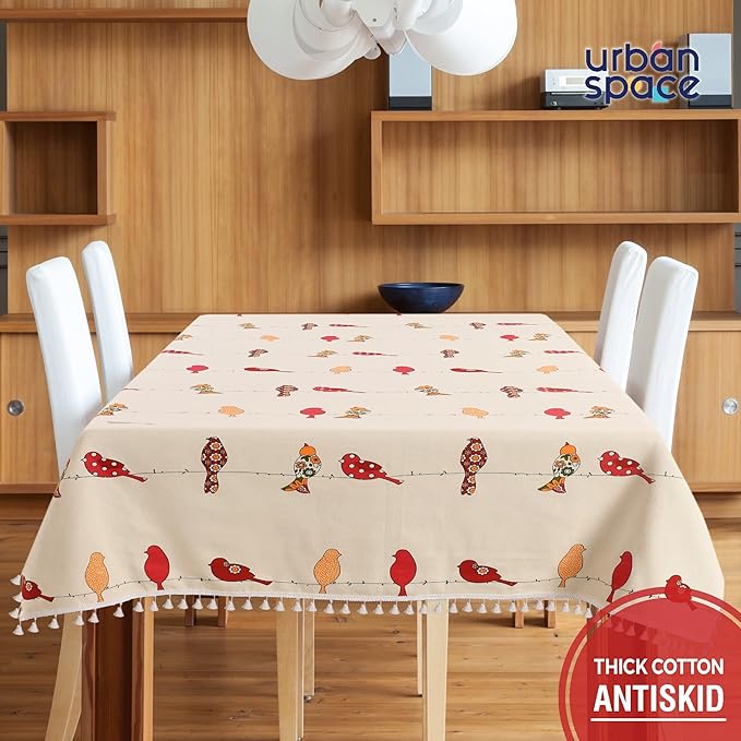 Urban Space Cotton Dining Table Cover 6 Seater Printed Cotton Table Cloth Colour Humming Bird Red