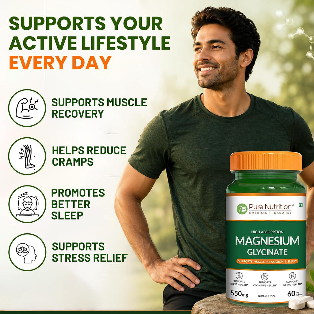 Pure Nutrition Magnesium Glycinate 550mg - 60 Tablets | High Absorption Magnesium Supplement for Daily Wellness | Supports Muscle Relaxation, Sleep & Nerve Function
