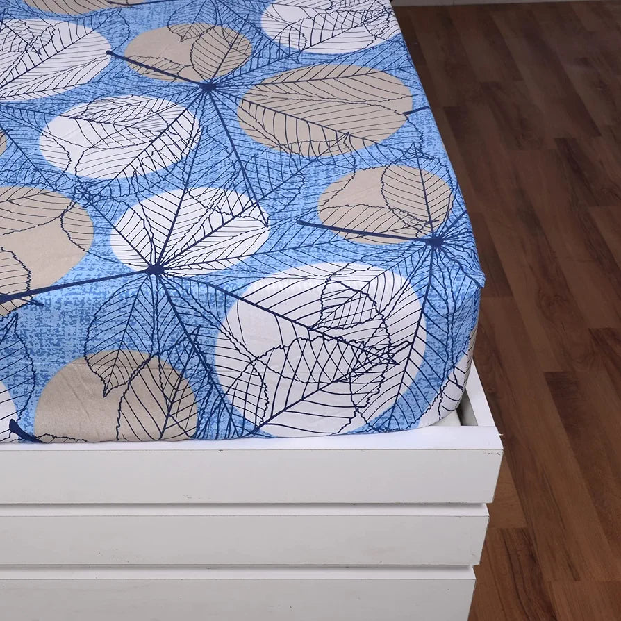 Divine Casa 144 TC Cotton Fitted Bedsheet for King Bed 100% Cotton Floral Blue Elastic Fit Everyday Use Bedsheet
