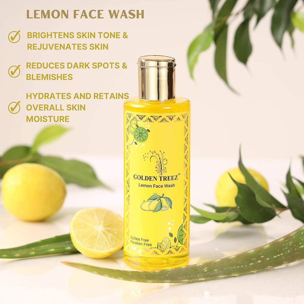 Golden Treez Lemon Face Wash For Men And Women With Aloevera And Lemon Skin Brightening, acne (pimples) And Tan Removal - Natural, Sulfate and Paraben Free Facewash - All Types of Skin- 210 ml