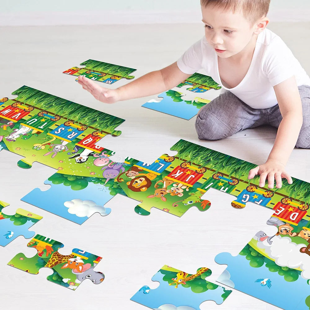 FLO Toys 6 Feet Alphabet Floor Puzzle for Kids 24 Jumbo Pieces Train Theme ABC Learning Toy for Toddlers & Preschoolers Educational
