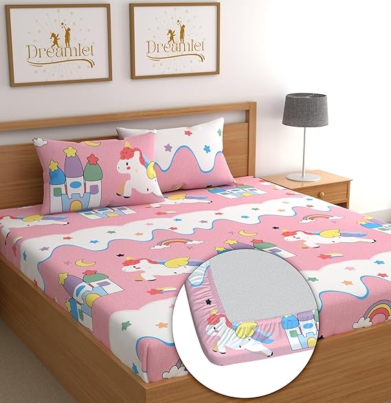 Dreamlet 180tc Cotton Feel All Around Elastic Fitted Bedsheets King Size for Double Bed With 2 Pillow Covers | Baby Pink