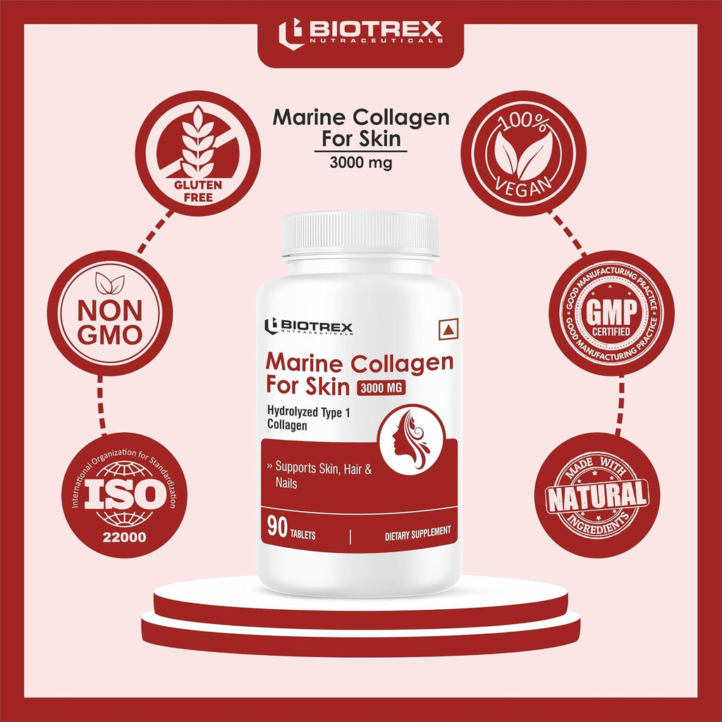 Biotrex Nutraceuticals Marine Collagen 3000mg Peptides With Biotin, Hyaluronic Acid, Vitamin C & E, Type 1 Marine Collagen, Healthy Hair, Skin, Nails, For Men & Women - 90 Tablets