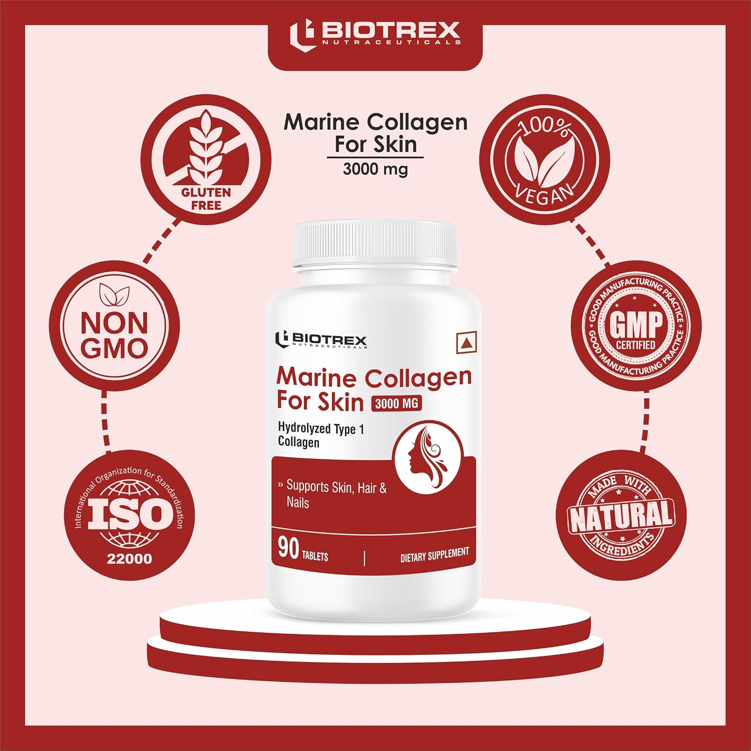 Biotrex Nutraceuticals Marine Collagen 3000mg Peptides With Biotin, Hyaluronic Acid, Vitamin C & E, Type 1 Marine Collagen, Healthy Hair, Skin, Nails, For Men & Women - 90 Tablets